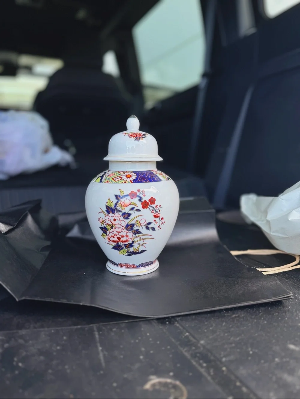 Porcelain Floral Ginger Jar - White with Multicolor Floral Design